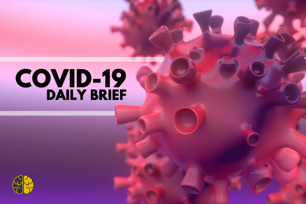 A purple and pink graphic image of the coronavirus with the words "daily brief."